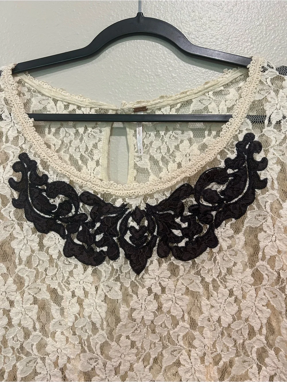 Free People Cream Lace Peplum Top with Navy/Black Appliqué